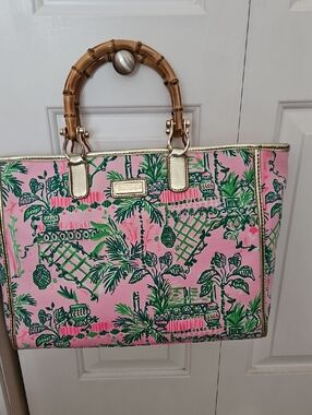 Lilly Pulitzer Pink & Green Tropical Tote with Bamboo Handles